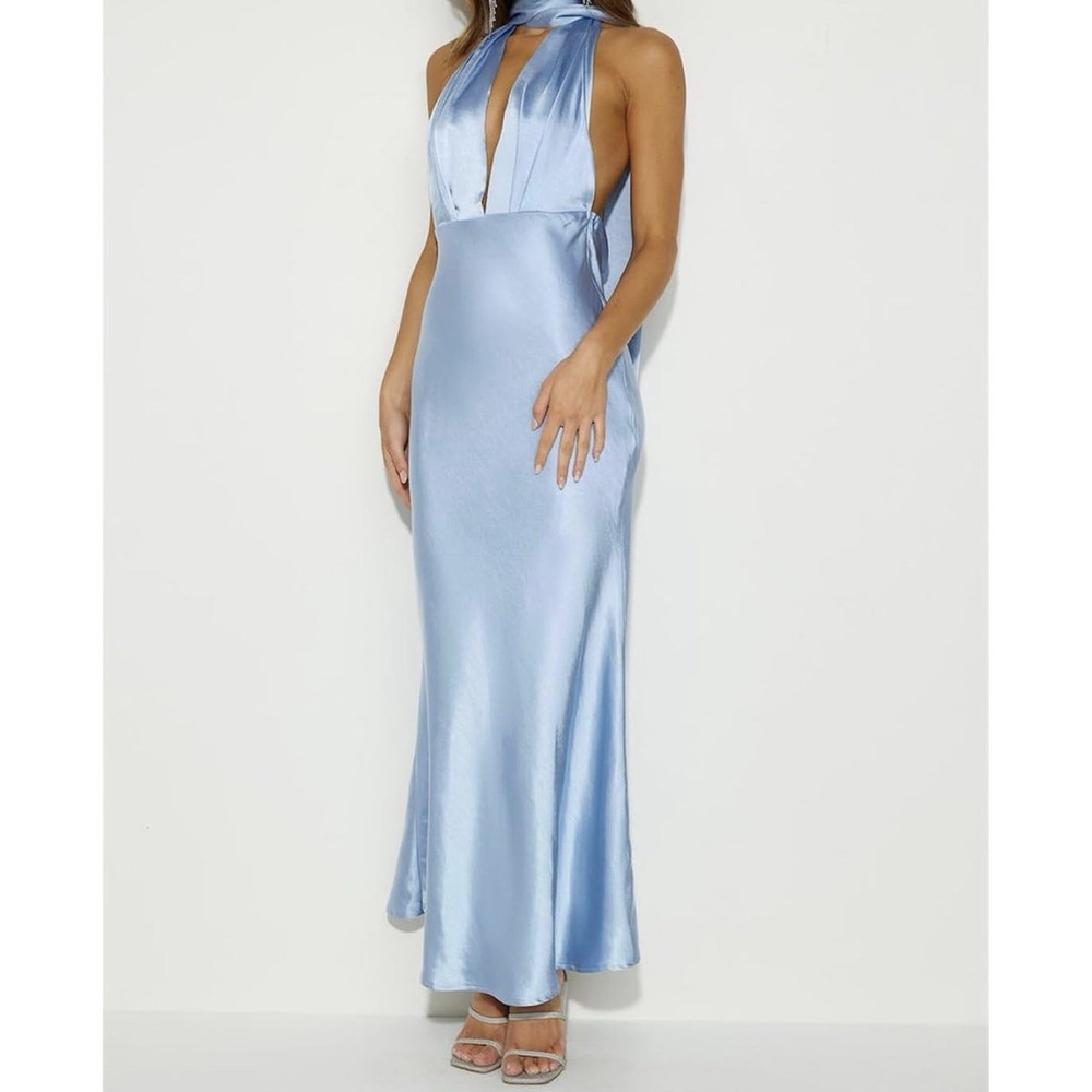 Womens Backless Satin Halter Maxi Dress Light Blue Open Back Formal Prom NWT L